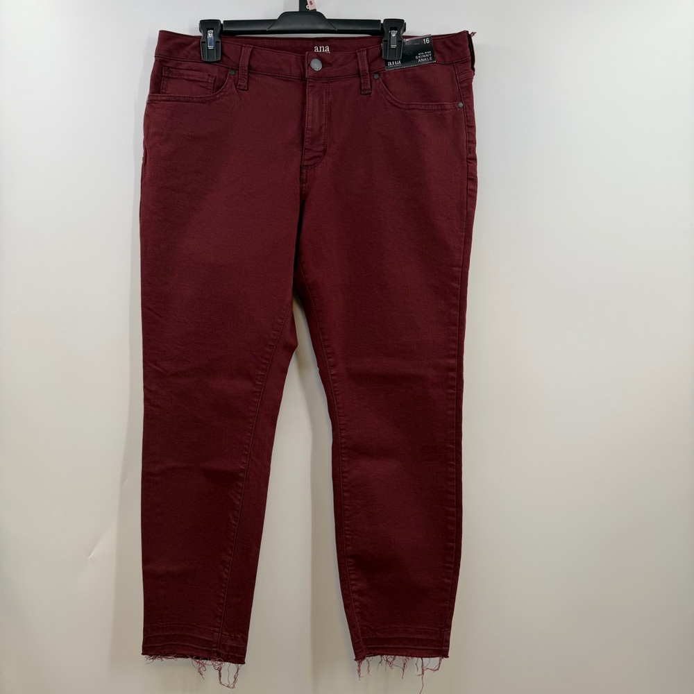 a.n.a Skinny Ankle Jeans 16 Burgundy Mid Rise Raw Hem Stretch NWT